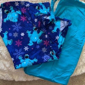 Cookie Monster Winter Scrub Top Size XS